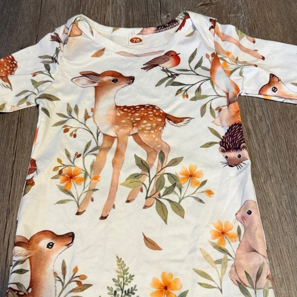 Woodland Baby Onesie with Deer & Floral Print - Cream